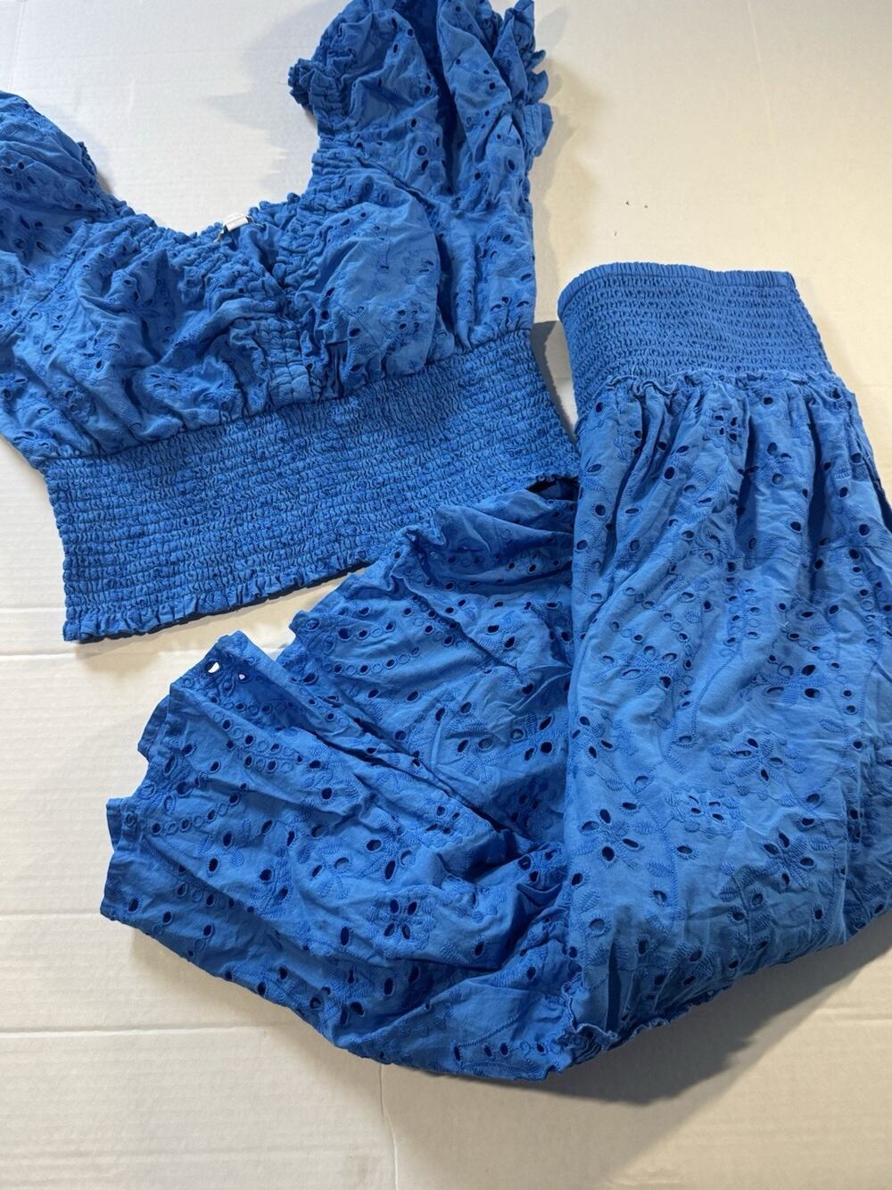 Jennifer & Grace Blue Eyelet Cotton Smocked 2pc Crop Top & Skirt Set L